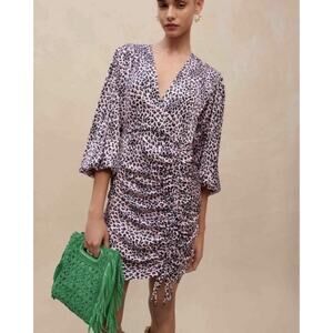 Maje Leopard Rose Print Puff Sleeve Mini Dress Ruched Size 34 XS US 2 New Af24